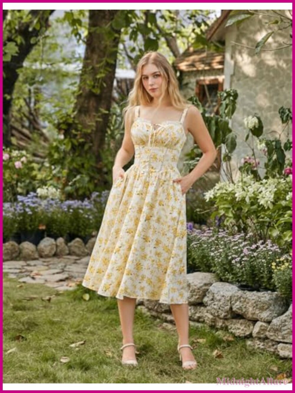 Floral Corset Dress Cutout Waist Smocked Back Pockets 95% Polyester 5% Elastane - Picture 2 of 6